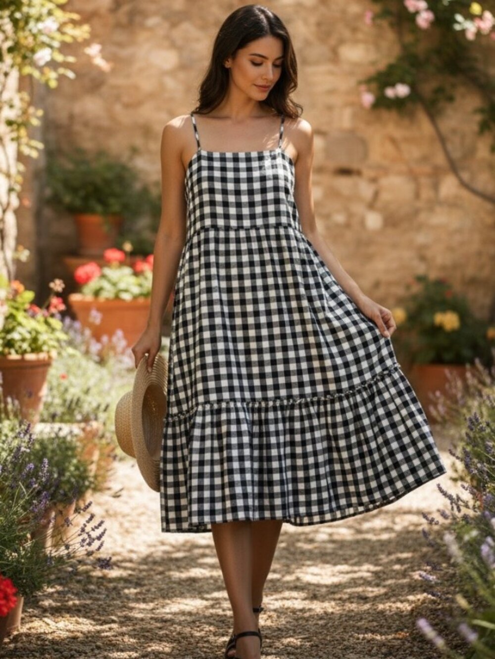 Karen Kane Gingham Midi Dress Womens M Black White Check Tiered Boho Sundress